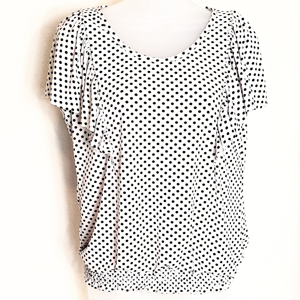 White Top Black Polka Dots Ruffled Cap Sleeves